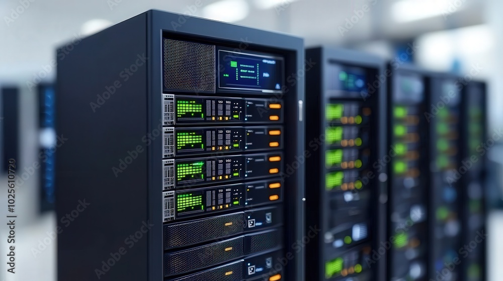 Data Center Server Racks With Green Lights Technology Network Cloud Storage IT Serv Data Center Server Racks With Green Lights Technology Network Cloud Storage IT Serv