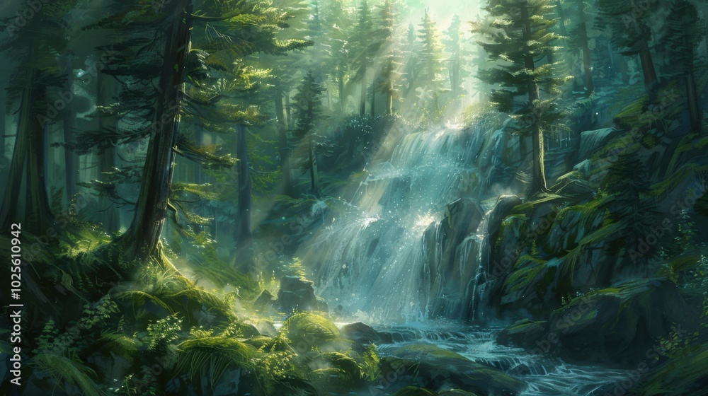 Serene Waterfall in Lush Green Forest Setting Serene Waterfall in Lush Green Forest Setting