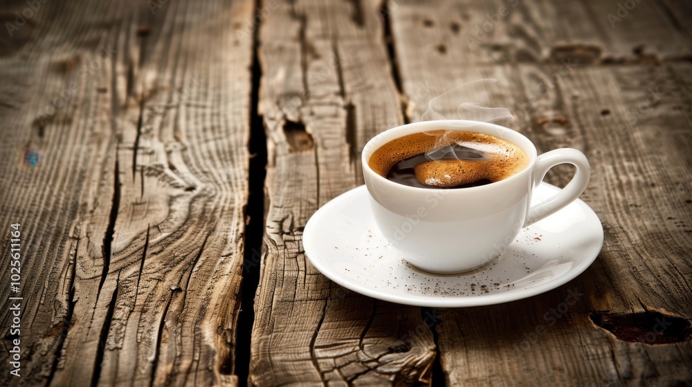 Warm Coffee Cup on Rustic Wooden Table