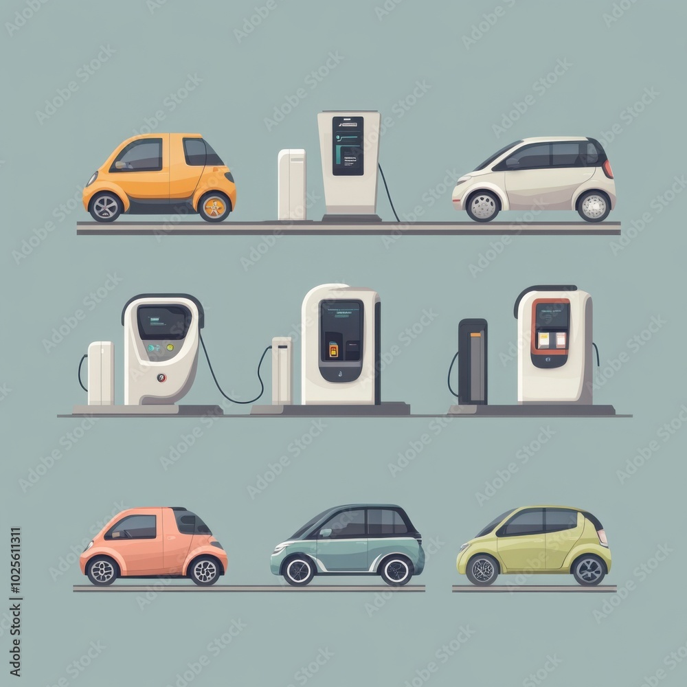 Naklejka premium Electric car charging at station vector art set flat color minimalist, with copy space