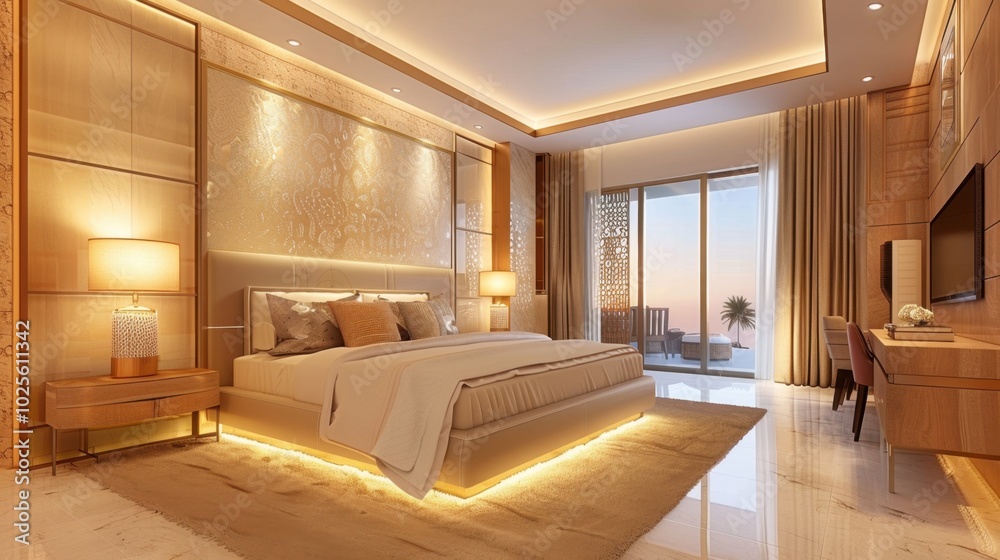 Naklejka premium Modern Elegant Bedroom with Soft Lighting and View