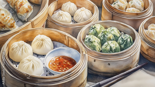 Close-up watercolor of dim sum baskets with dumplings, bao buns, and dipping sauces, capturing the fine textures and colors, Generative AI