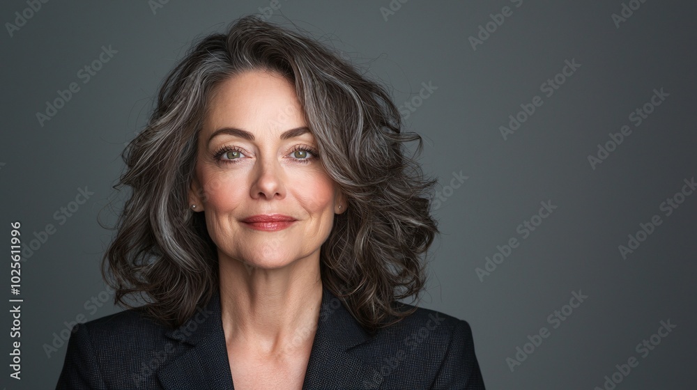Obraz premium Confident Middle-Aged Businesswoman Smiling in Stylish Blazer for Professional Headshot, Expressing Approachability