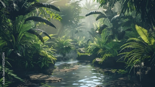 Lush Tropical Jungle with Serene Water Stream