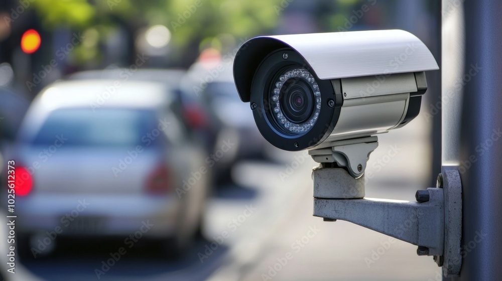 A surveillance camera monitors traffic on a city street, ensuring safety and security. A surveillance camera monitors traffic on a city street, ensuring safety and security.