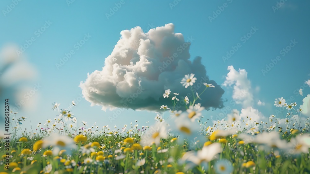 Obraz premium A small, fluffy cloud above a field of daisies.