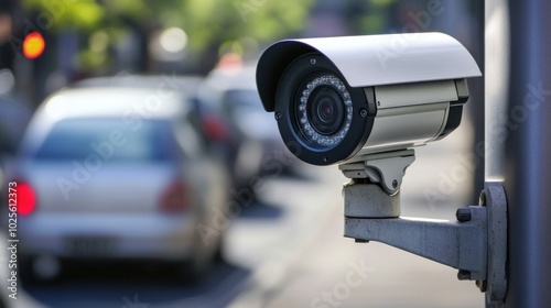 A surveillance camera monitors traffic on a city street, ensuring safety and security.