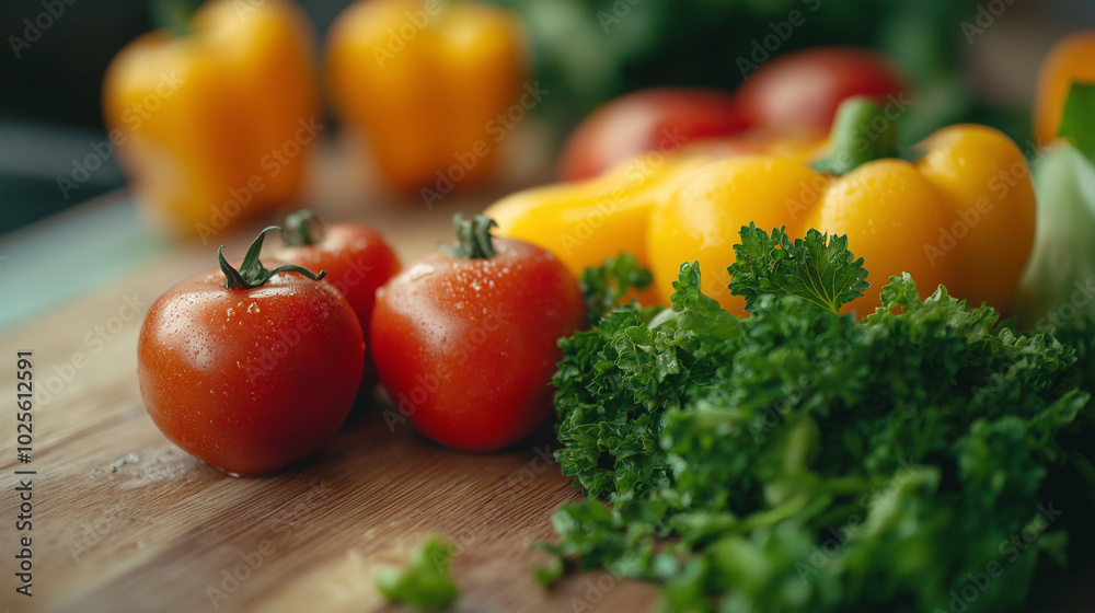 A close-up shot of fresh, organic ingredients being prepared for a healthy salad with colorful vegetables and herbs on a wooden surface A close-up shot of fresh, organic ingredients being prepared for a healthy salad with colorful vegetables and herbs on a wooden surface