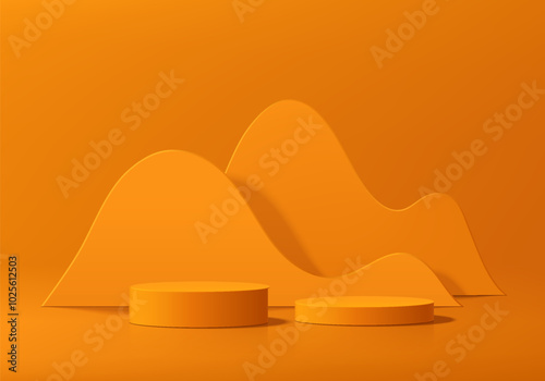 3D orange round podium background with layers wavy wall backdrop. Abstract geometric composition minimalist design. Studio display showroom stand product pedestal, Fashion stage showcase mockup scene.