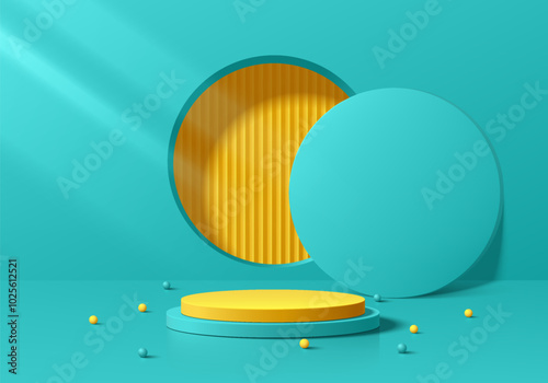 3D green round podium background with yellow pattern in circle window wall. Abstract composition minimalist design. Studio display showroom stands product pedestal, Fashion stage showcase mockup scene