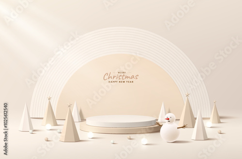 3D creams round Merry Christmas podium background with Snowman, Light Bulb. Abstract composition minimalist design. Studio display showroom stands product pedestal, Fashion stage showcase mockup scene
