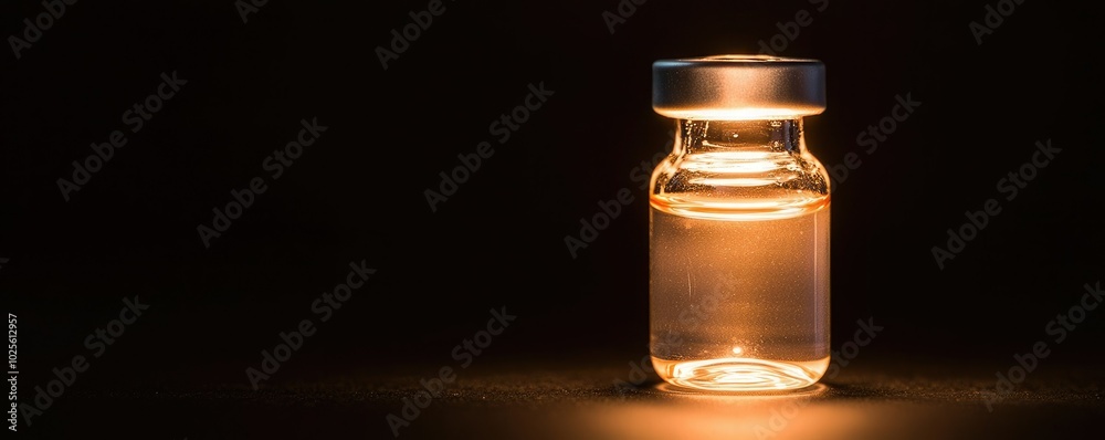 A close-up of a glass vial illuminated with soft light, showcasing its clear liquid, perfect for medical or pharmaceutical themes.