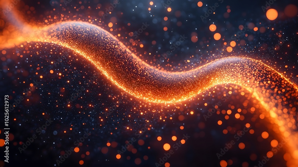 wave composed of countless particles and dots, the colors convey warmth and energy, the wave’s pattern resembles flowing fabric or fluid in motion, with granular particles adding depth