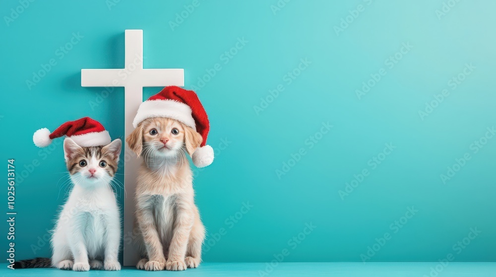 Naklejka premium A Christmas cross with a cute puppy and kitten sitting on either side, each wearing a Santa hat.