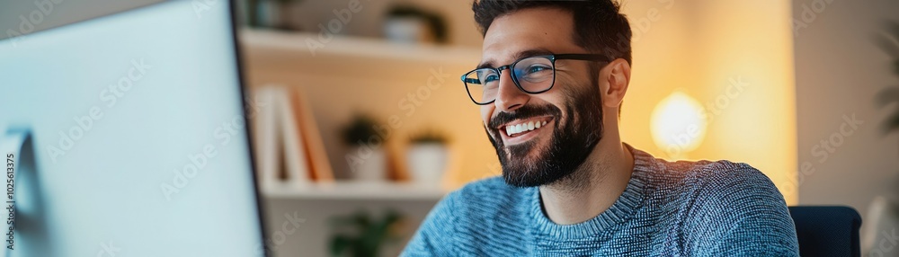 Obraz premium Cheerful man working on a computer, enjoying his time indoors with a bright ambiance.