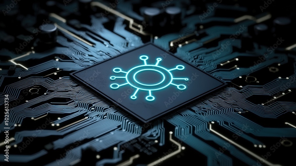 Circuit Board with Glowing Network Icon  Technology Abstract  Futuristic Design