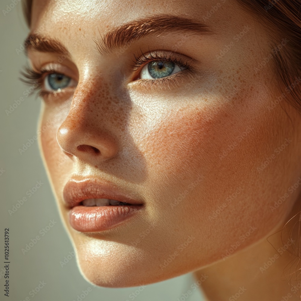 An artistic portrait of a freckled woman radiating natural glow, brought to life through brilliant highlights and contrasting shadows, echoing classic elegance and warmth.