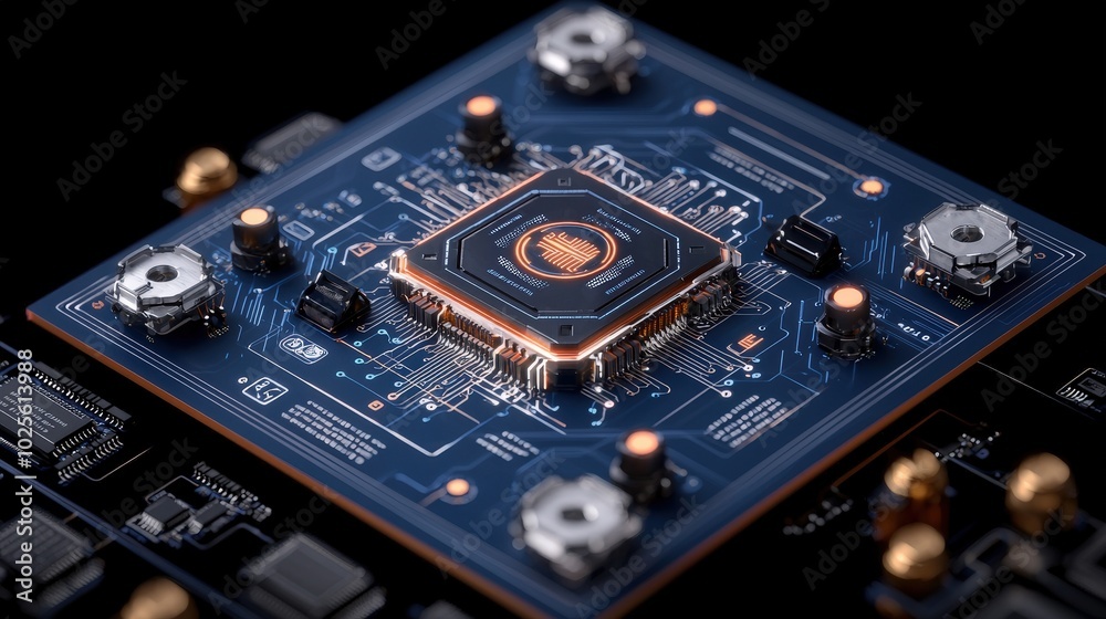 Futuristic Circuit Board with Glowing Processor and Connectors Futuristic Circuit Board with Glowing Processor and Connectors