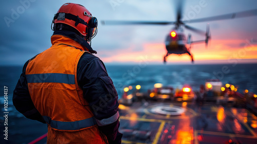 Offshore technician observes helicopter landing on platform during sunset, showcasing dynamic environment of maritime operations. scene captures blend of safety and technology in dramatic setting