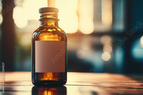 Empty glass bottle with a blank label macro lens, with copy space