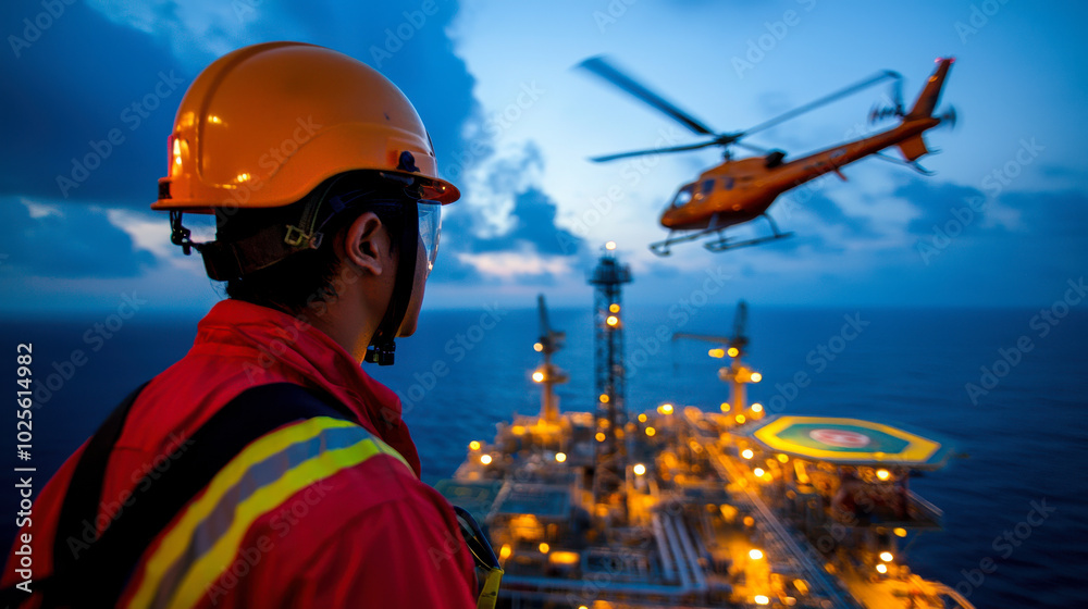 Offshore technician observes helicopter approaching oil rig at dusk, showcasing critical operations in energy sector. scene captures blend of technology and nature Offshore technician observes helicopter approaching oil rig at dusk, showcasing critical operations in energy sector. scene captures blend of technology and nature