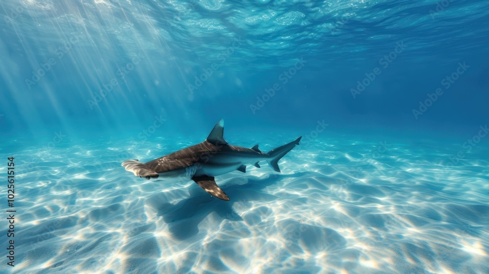 A majestic shark glides elegantly through clear blue waters, illuminated by sunbeams and casting shimmering reflections on the sandy ocean floor. A majestic shark glides elegantly through clear blue waters, illuminated by sunbeams and casting shimmering reflections on the sandy ocean floor.