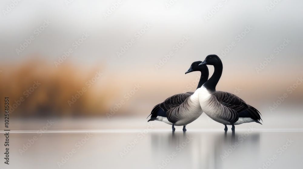 Two elegant loons stand gracefully in still water, their elongated necks forming a romantic silhouette against a soft, misty backdrop.
