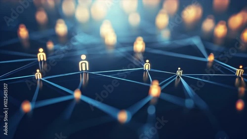 Social media network connection, people icons on dark background. Global internet technology and online data exchange