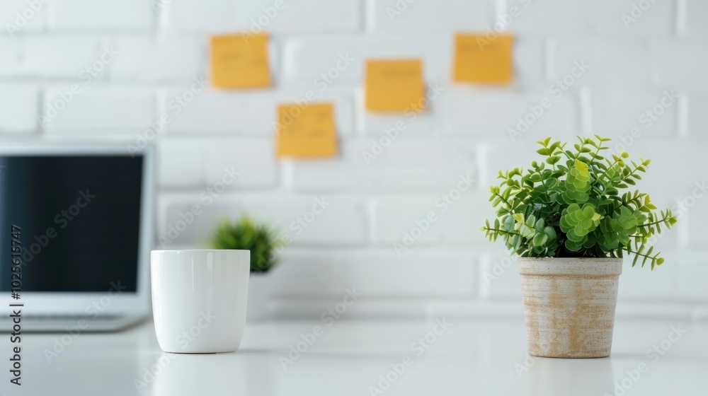 A minimalist workspace featuring a laptop, a coffee mug, and a potted plant, with colorful sticky notes on a white brick wall in the background. A minimalist workspace featuring a laptop, a coffee mug, and a potted plant, with colorful sticky notes on a white brick wall in the background.