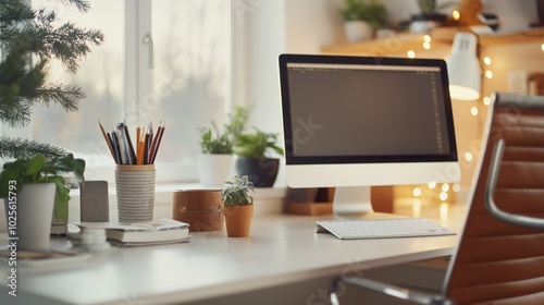 Wallpaper Mural Cozy Modern Workspace with Plants and Desktop Computer Torontodigital.ca