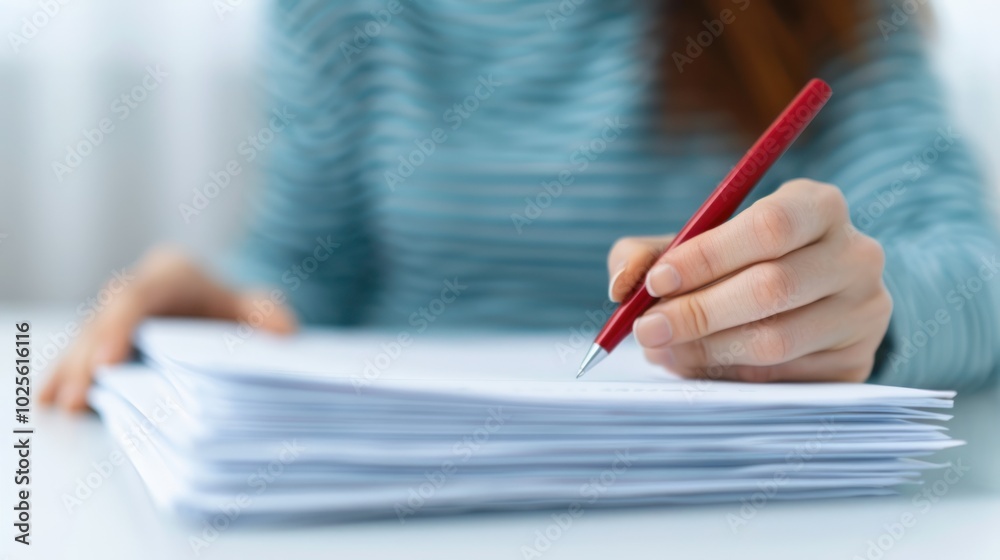 A person writes with a red pen on a stack of papers, showcasing creativity and focus in a serene setting. A person writes with a red pen on a stack of papers, showcasing creativity and focus in a serene setting.