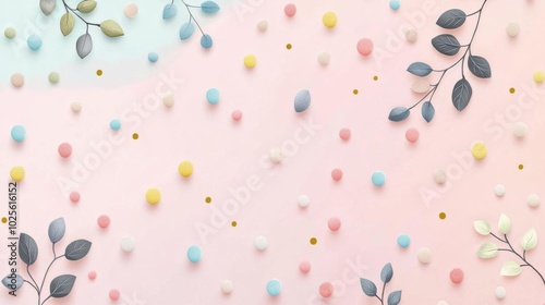 Pastel Polka Dot and Leaf Pattern on Pink Background