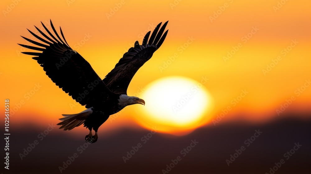 A majestic eagle soars against a vibrant sunset, showcasing its powerful wings and silhouette against the colorful sky.