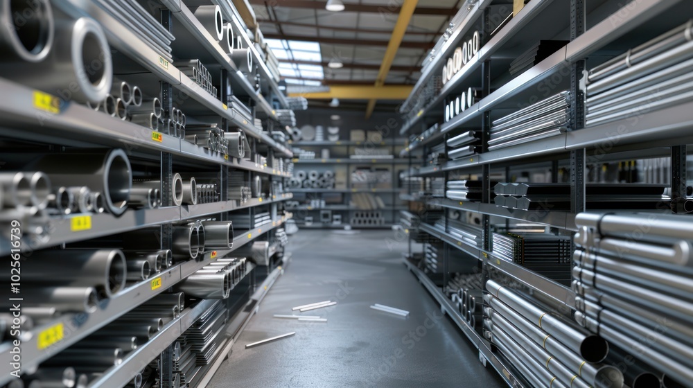 Fototapeta premium Metal pipes and tubes stacked on shelves in a warehouse
