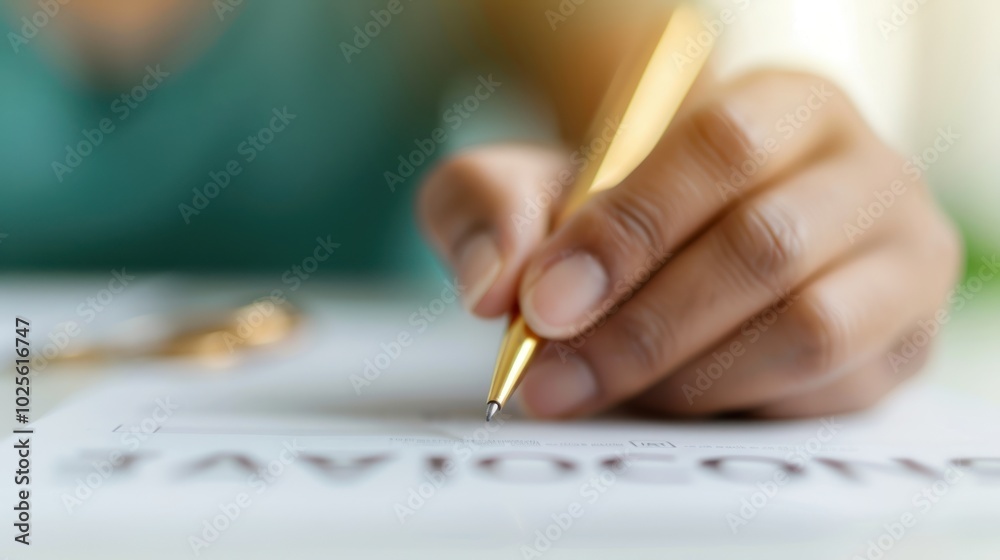 A close-up of a person's hand holding a gold pen, writing on a sheet of paper with the word 