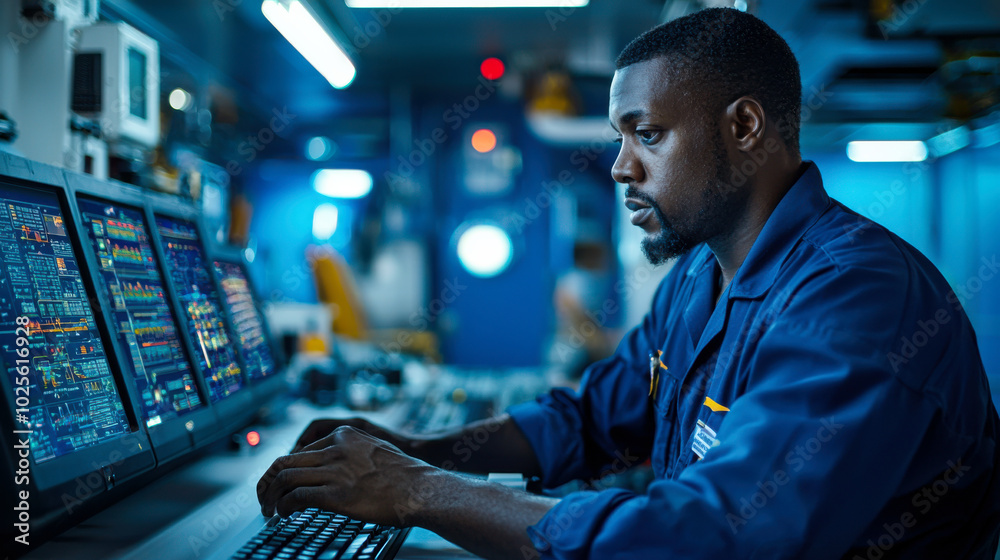 Fototapeta premium focused technician operates advanced control systems in offshore platforms control room, showcasing blend of technology and expertise