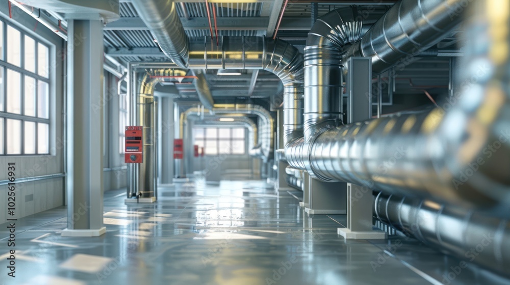 Industrial Corridor with Exposed Pipes and Shiny Floor