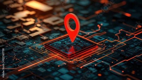 Wallpaper Mural A digital representation of a red location pin on a circuit board background, symbolizing navigation and technology in a modern digital landscape. Torontodigital.ca