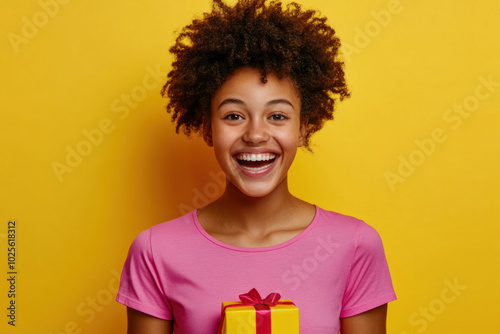 Young girl holding a yellow gift box, smiling joyfully.