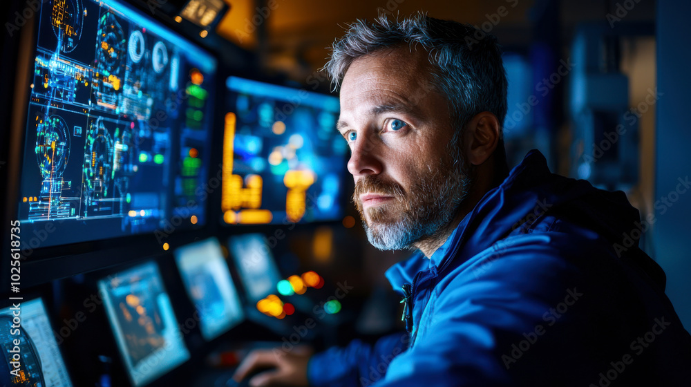 focused man monitors multiple screens displaying complex data and graphics in control room, showcasing high tech environment. His expression reflects concentration and determination focused man monitors multiple screens displaying complex data and graphics in control room, showcasing high tech environment. His expression reflects concentration and determination