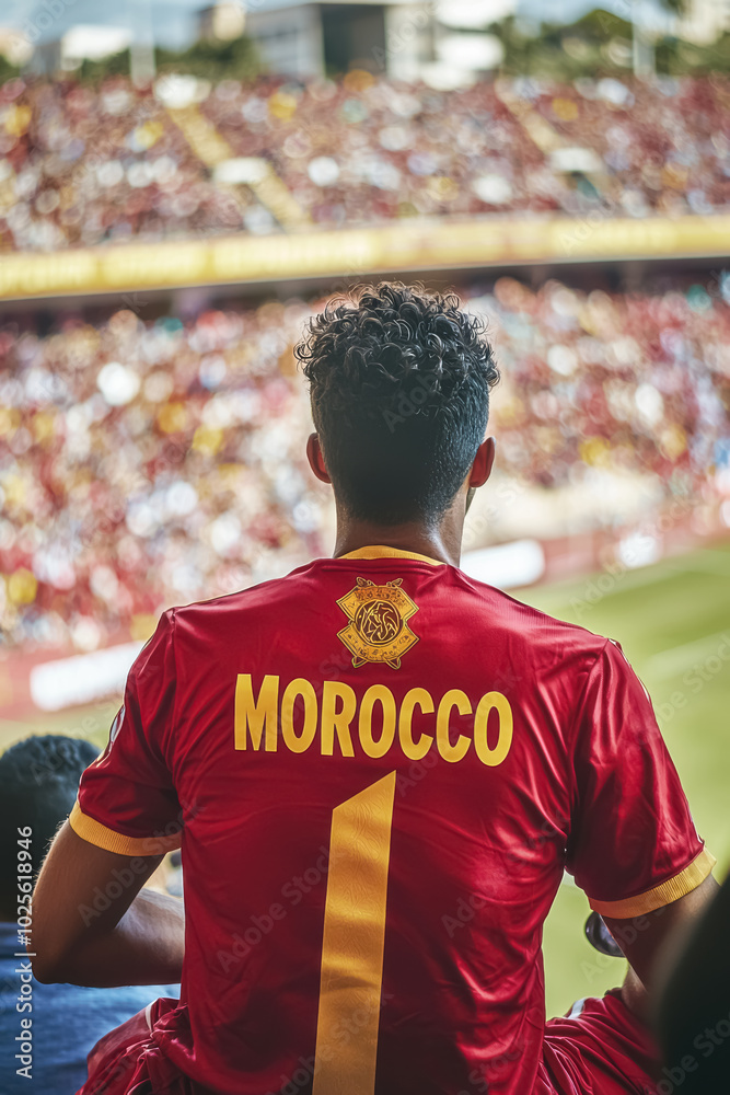 Fototapeta premium Crowd of Moroccan Supporters in Red Jerseys. A vibrant, emotional photo of a crowd of football fans cheering, with one male fan in focus, celebrating Morocco’s success in a packed stadium. 