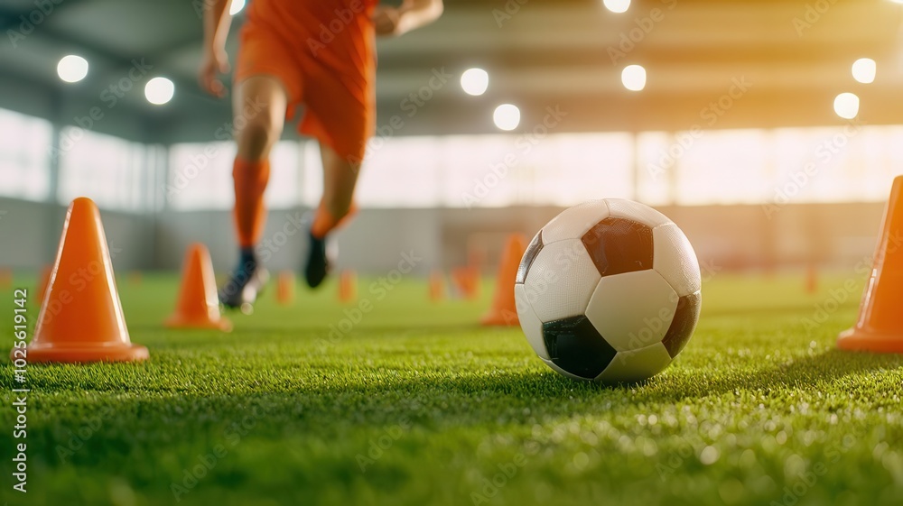 Obraz premium A soccer ball resting on green field turf, with training cones in the background as a player practices skills indoors, capturing the essence of sports training and teamwork.