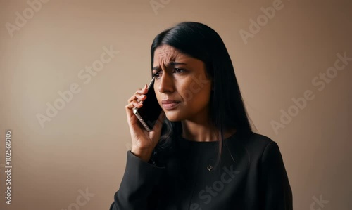 Peruvian Woman Making Phone Call for Assistance in Quiet Room
