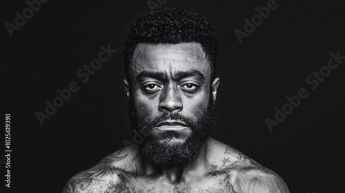 Intensity in Monochrome: African American Man with Tattoos Staring Directly at Camera in High-Contrast Studio Portrait