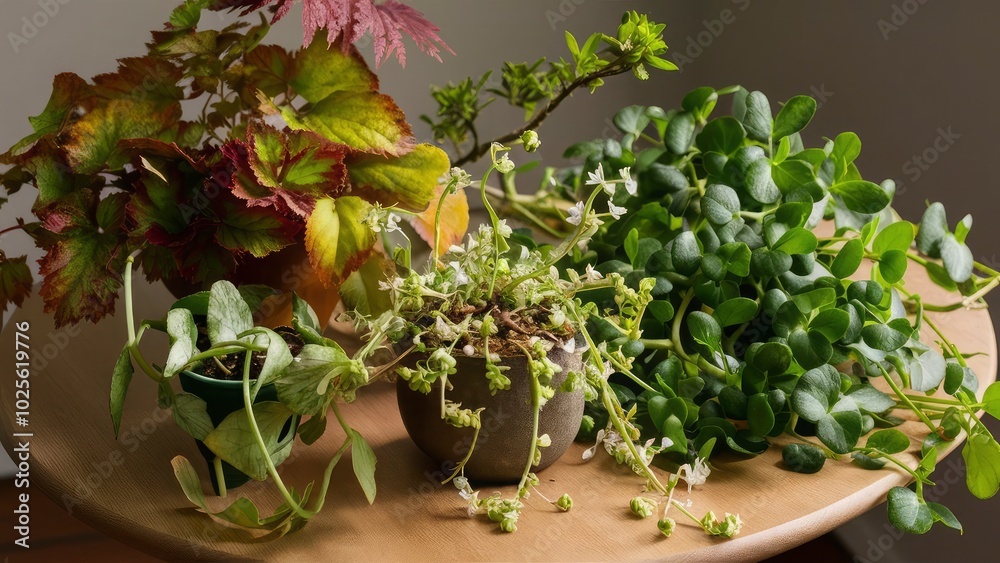 Plants in a pot on a wooden table. Plants in a pot on a wooden table.