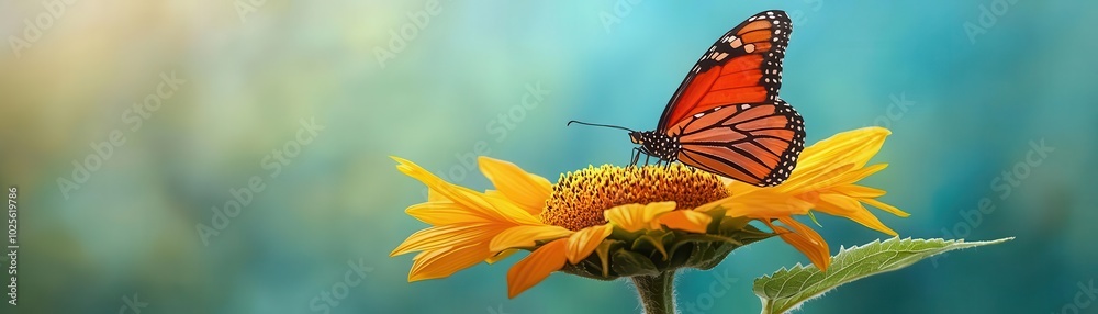 Fototapeta premium A vibrant butterfly perched gracefully on a blooming sunflower, showcasing the beauty of nature and the delicate interaction between insects and flowers.