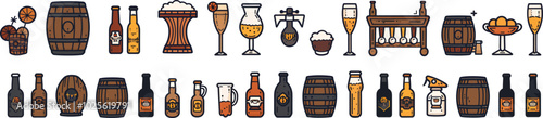 Beer icons vector set design. Hop, grape, barrel, distillery, corkscrew, certified, signboard, rack and bottle cap, oil drum, factory, soda can, wheat wreath icon design