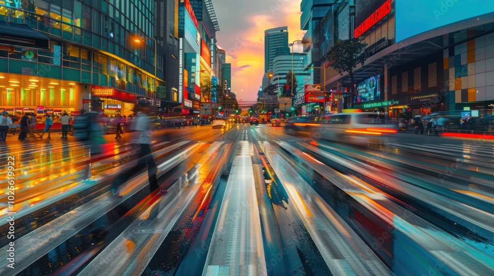 Obraz premium City Street at Dusk with Blurred Traffic and Pedestrians
