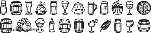 Beer icons vector set design. Hop, grape, barrel, distillery, corkscrew, certified, signboard, rack and bottle cap, oil drum, factory, soda can, wheat wreath icon design