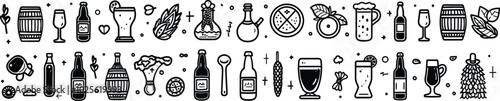 Beer icons vector set design. Hop, grape, barrel, distillery, corkscrew, certified, signboard, rack and bottle cap, oil drum, factory, soda can, wheat wreath icon design